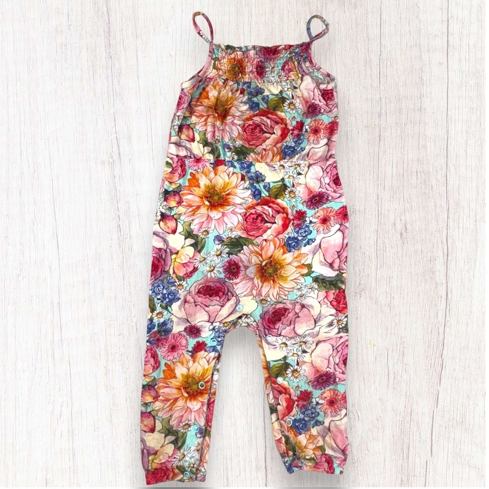 Posh Peanut Shirley Smocked Jumpsuit Bamboo Floral Spaghetti Strap 12-18m